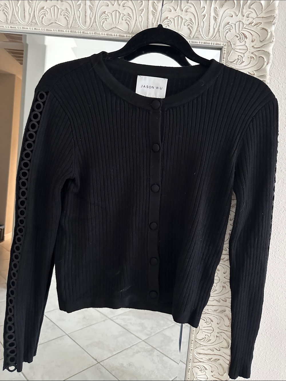 Jason Wu Black Ribbed Button Cardigan with Openwork Sleeve